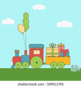 Colorful train with gifts and balloons. Blue background with clouds and flowers.