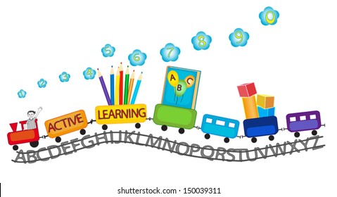 Colorful train with happy smiling kid on and colorful pencils, playing blocks, ABC book, numbers for preschool active learning