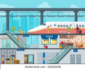 Farbige Vorlage für den Bahnhof mit Fahrkartenschalter für Fahrgäste im Café Wartebereich Gepäckaufbewahrung Vektorgrafik