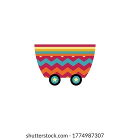 Colorful train wagon with star wheels isolated on white background - children's cartoon transport toy with bright stripes. Wheeled cart basket - flat vector illustration