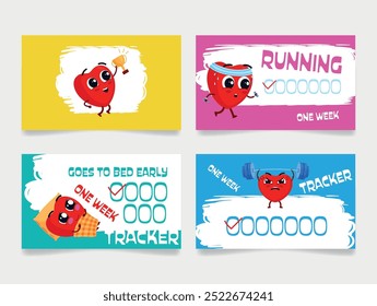 Colorful training tracker cards highlight fun activities like running and early bedtimes. These encourage positive habits over a week with playful designs.