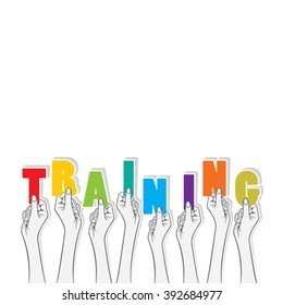 colorful training word banner hold in hand design vector