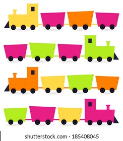 Colorful Trains set isolated on white ( pink, orange, green )