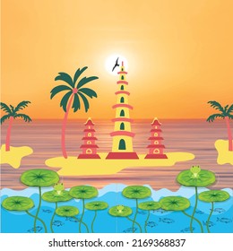 Colorful Tran Quoc pagoda Viet Nam wolrd landmark. Bird flying over the sunset. Beautiful life in the lotus lake.
