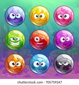 Colorful transparent bubbles with funny characters inside. Vector assets for GUI design. Funny game icons.