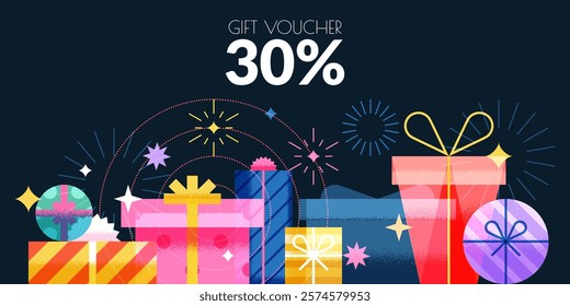 Colorful transparent gift boxes and fireworks on black background. Vector geometric flat illustration. Sale promotion banner, poster, birthday greeting card, discount coupon design template