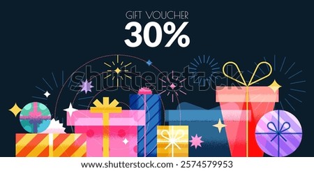 Colorful transparent gift boxes and fireworks on black background. Vector geometric flat illustration. Sale promotion banner, poster, birthday greeting card, discount coupon design template