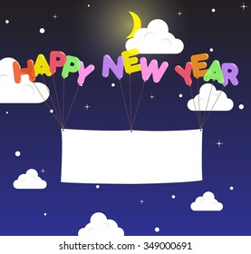 Colorful Transparent Happy New Year Balloon with Blank Banner floating in Night Snow Sky, Vector for Advertising or Celebration