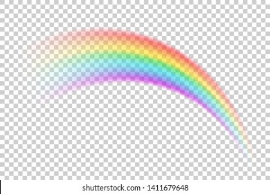 Colorful transparent rainbow vector illustration. Perspective diagonal view. Round arch of spectrum colors. Beautiful meteorological natural after rain rainbow phenomenon. Magic symbol of good luck.