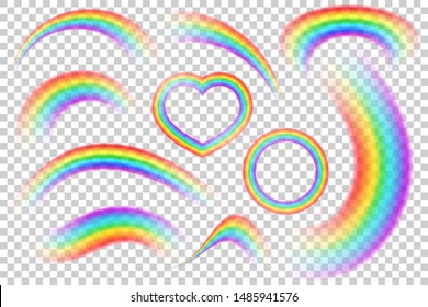 Farbige, transparente Regenbogen kühlen Vektorset. Perspektive diagonale Sicht. Helle, realistische Bogen-Regenbogen, Herz- und Rundhalo-Regenbogen. Fantasy Symbol des Glücks.