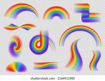 Colorful transparent rainbows of different shapes vector set. Perspective and diagonal view