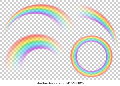 Colorful transparent rainbows vector set. Perspective diagonal view. Bright realistic arch rainbows and round halo rainbow. Fantasy symbol of good luck.