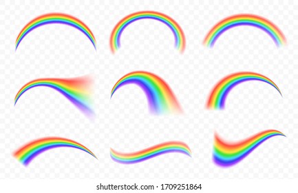 Colorful transparent rainbows vector set. Perspective diagonal view. Bright realistic arch rainbows and round halo rainbow. Fantasy symbol of good luck.