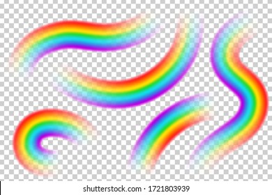 Colorful transparent rainbows vector set. Perspective diagonal view. Bright realistic arch rainbows and wavy rainbow. Fantasy symbol of good luck.