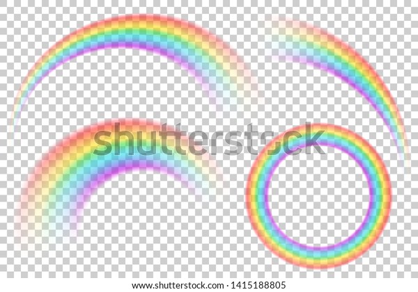 カラフルな透明虹のベクター画像セット 遠近対角ビュー 明るくリアルなアーチ虹と丸いハロー虹 幸運の象徴 のベクター画像素材 ロイヤリティフリー