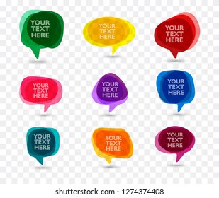 Colorful transparent speech bubble flat collection with various shapes and sample text