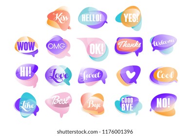 Colorful transparent speech bubbles with short phrases set of vector Illustrations