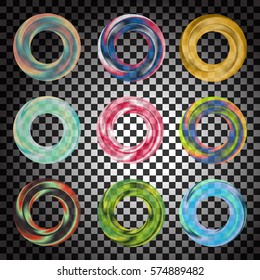 Colorful, transparent vector rosette or circle set. Stock illustration of beautiful round shaped  transparent color objects. Circular frame template, cosmetics, web, presentation, advertisement.