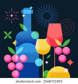 Colorful transparent wine bottle, glasses and grape. Vector illustration. Abstract geometric bar drinks menu background. Winery shop label, poster, print, design elements