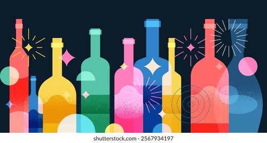 Colorful transparent wine bottles and fireworks on black background. Vector illustration. Abstract geometric party banner or poster. Alcoholic, non-alcoholic drinks menu, bar design elements