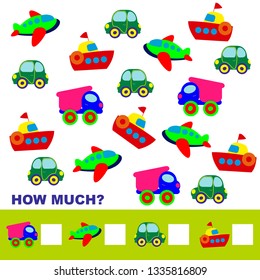 Colorful transport. Educational math game. Vector