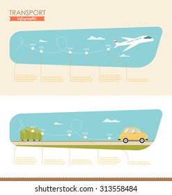 Colorful transport infographic with the template for your data. Easy editable flat concept. A plane flying out on sky background and the car is going on green nature landscape.