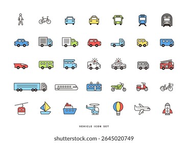 Colorful Transportation Icons Set – Cars, Trains, Planes, Ships and More