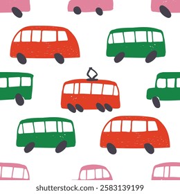 Colorful transportation vehicles repeating across fabric background, displaying playful urban transit seamless pattern perfect for kids design and textile printing