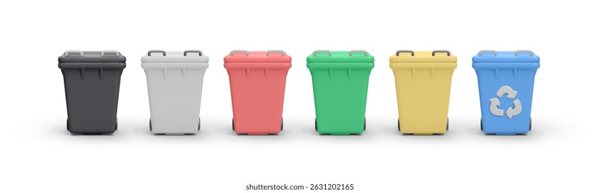 Colorful Trash Bins Set In 3D Minimal Style Representing Waste Sorting And Recycling System. Eco Friendly Concept For Sustainability And Clean Environment. Vector Illustration