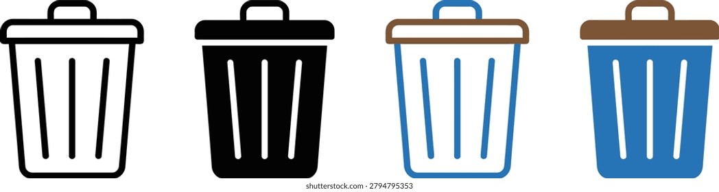 Colorful trash cans with lids in different styles and colors on white background