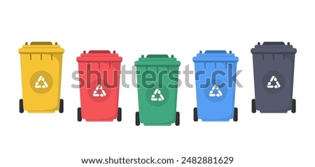 Colorful trash cans with recycle symbols, flat style, vector eps10 illustration