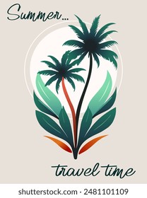 Colorful travel advertising banner.Vector illustration with palm trees and text on a colored background.