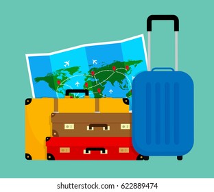 Colorful Travel bags and folded world map. Vector illustration. Flat design.