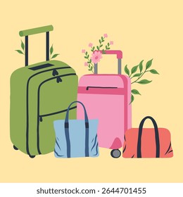 Colorful travel bags. Luggage on wheels for traveling. Modern suitcases with handle. Backpack for traveler. Vacation bags. Flat vector illustration.