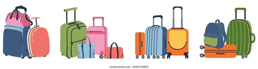 Colorful travel bags. Luggage on wheels for traveling. Modern suitcases with handle. Backpack for traveler. Vacation bags. Set of flat vector illustrations isolated on white background.