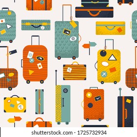 Colorful travel bags seamless pattern, luggage collection, travel illustration