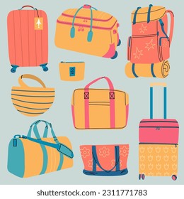 Colorful travel bags set, luggage collection, travel illustration. Vector illustration