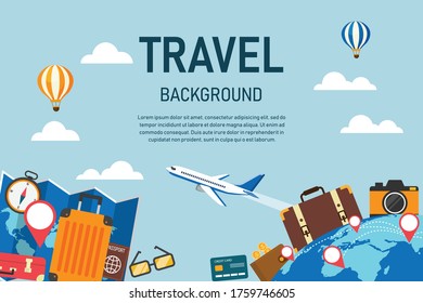 Colorful travel banners with flat design background. Holiday tourism business poster. Luggage, map and goals. journey trip concept. vector illustration. top view. 