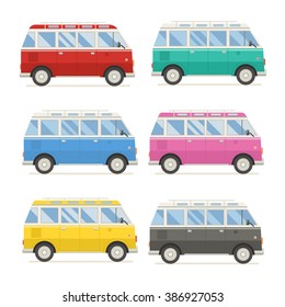 Colorful travel bus collection. Surfing retro buses in different colors. Set of recolored traveler coach camper flat style icons isolated on white. Family summer bus in classic  colors, vector.