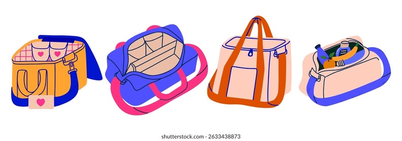 Colorful travel coller bag set. Open and closed bags. Travel graphic hand drawn element 