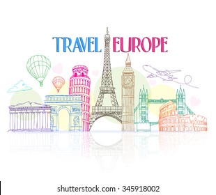 Colorful Travel Europe Hand Drawing with Famous Landmarks and Places in White Background with Reflection. Vector Illustration
