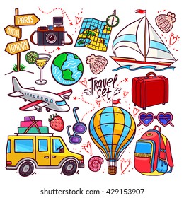 colorful travel icon set. airplane, car, ship. hand-drawn illustration