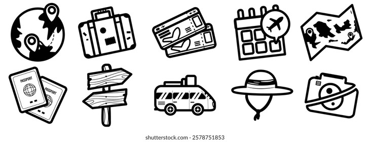 A colorful travel icons with black outline fresh style including a globe, suitcase, boarding pass, calendar with an airplane, map, passports, directional signs, a camper van, a sun hat, and a camera