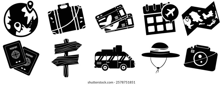 A colorful travel icons with black solid color style including a globe, suitcase, boarding pass, calendar with an airplane, map, passports, directional signs, a camper van, a sun hat, and a camera