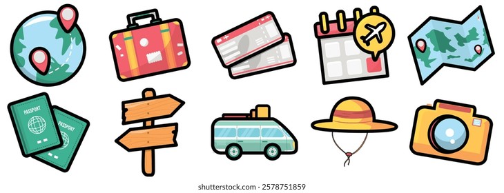 A colorful travel icons with filled line style including a globe, suitcase, boarding pass, calendar with an airplane, map, passports, directional signs, a camper van, a sun hat, and a camera