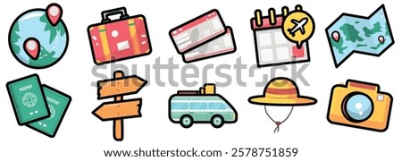 A colorful travel icons with filled line style including a globe, suitcase, boarding pass, calendar with an airplane, map, passports, directional signs, a camper van, a sun hat, and a camera