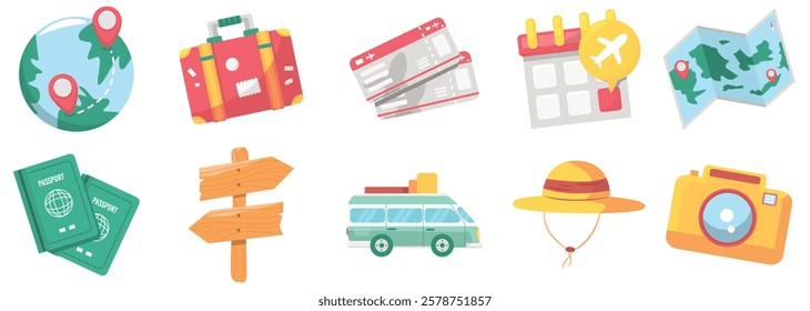 A colorful travel icons with flat style including a globe, suitcase, boarding pass, calendar with an airplane, map, passports, directional signs, a camper van, a sun hat, and a camera