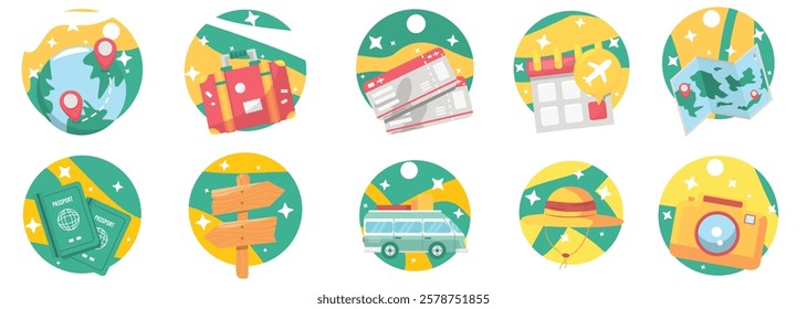 A colorful travel icons with futuristic art style including a globe, suitcase, boarding pass, calendar with an airplane, map, passports, directional signs, a camper van, a sun hat, and a camera