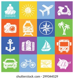 Colorful travel icons. Hand drawing vector illustration.