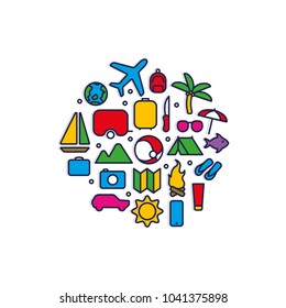 Colorful Travel Icons Set For Summer Holidays
